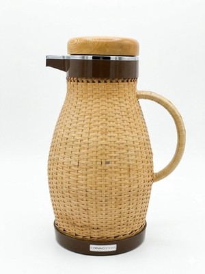 Vintage Corning Designs Wicker Carafe 11  MCM Rattan Boho Coffee Pot