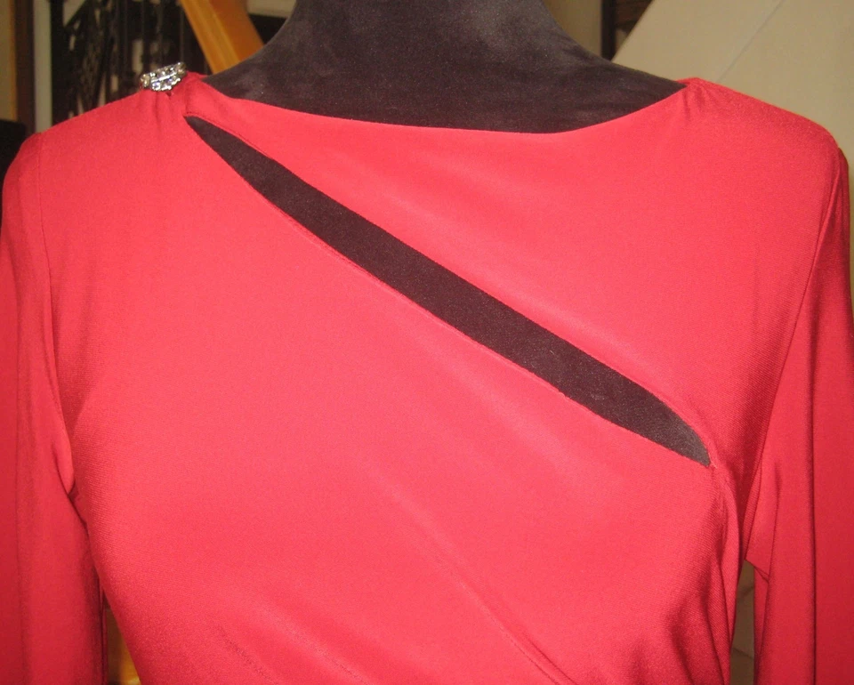 Lauren Ralph Lauren red stretch jersey knit ruched cutouts slit evening gown 4 - Image 2 of 4