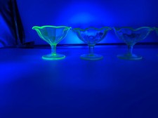 Green Depression Glass Low Cocktail Sherbet Stem Uranium Paneled Optic Set of 4