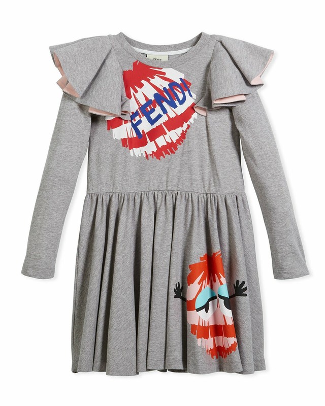 Girls FENDI Dress Long-Sleeve Ruffle Jersey Dress w/ Monster Pompom Graphic 8