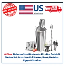 8-Piece Stainless Steel Bartender Kit - Bar Cocktail Shaker Set, 24 oz