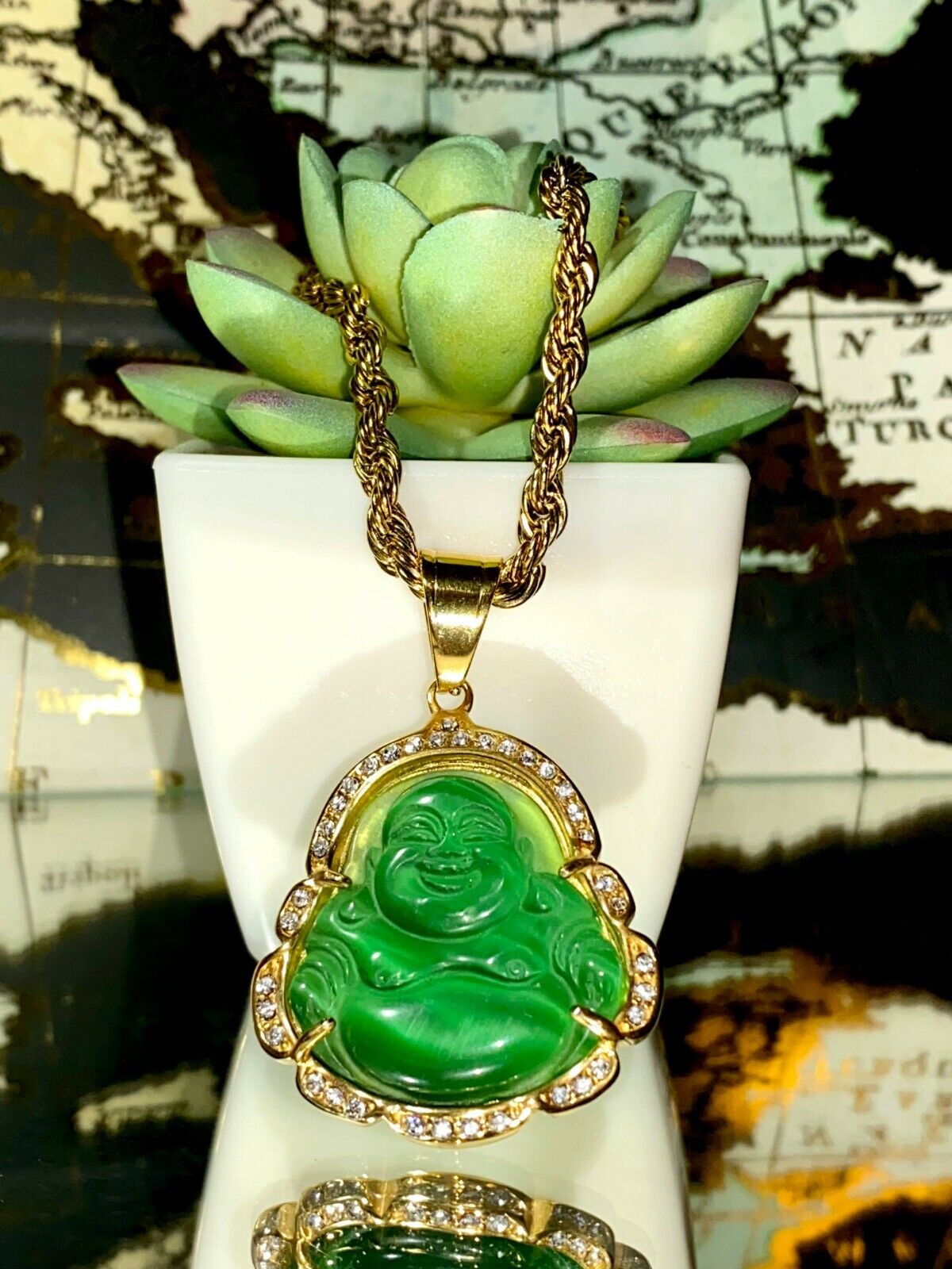 Jade Smiling Laughing Green Buddha Good Fortune Rope Chain Necklace 14k  Gold Big | eBay