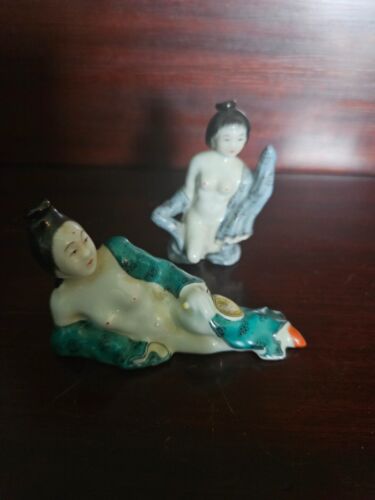 Vintage Assembled Set of 2 Erotic Naked Woman China Porcelain Statue Handpaint