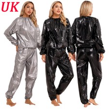 UK 2Pcs PVC Sauna Suit Elastic Cuff Tops Pants Weight Loss Sweat Suit Gym Suit
