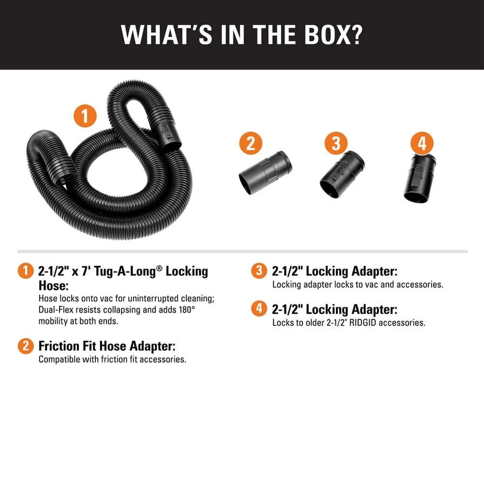 Kit de manguera de bloqueo RIDGID #LA2520 2-1/2 pulgadas x 7 pies DUAL-FLEX para aspiradoras RIDGID en seco húmedo. Foto 2 de 4