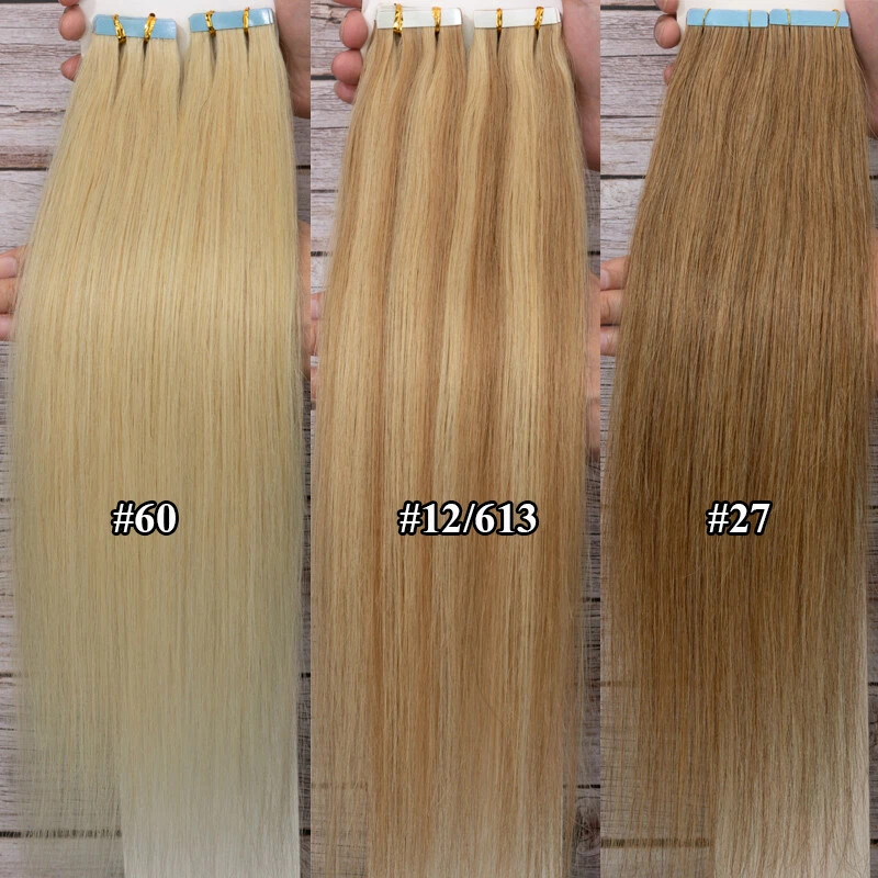 Extensiones de cabello humano Remy 100 % ruso con cinta adhesiva trama de piel gruesa 60 piezas 150 g EE. UU. Foto 4 de 4