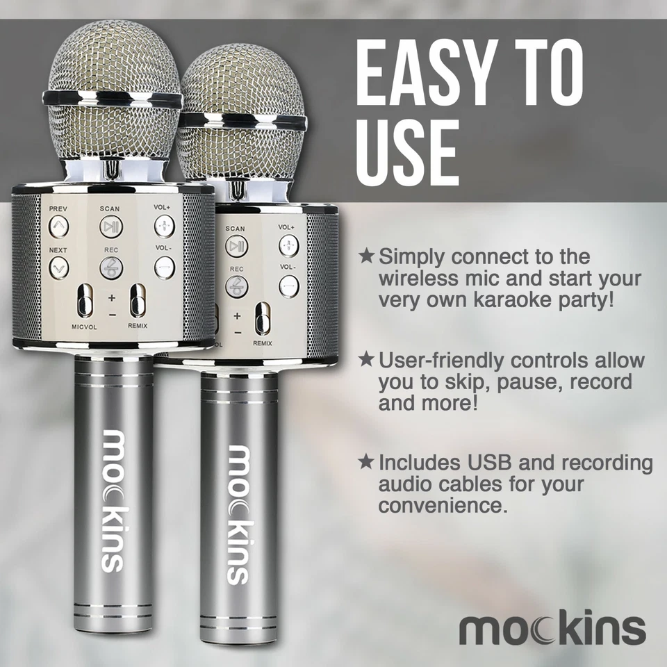 Mockins 2 Pack Silver Wireless Bluetooth KARAOKE MICROPHONE Holiday Gift, kids - Image 2 of 4