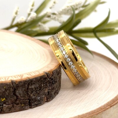8mm Yellow Gold Tungsten Christmas Gift Band Polished Edges Center CZ Inlay Ring