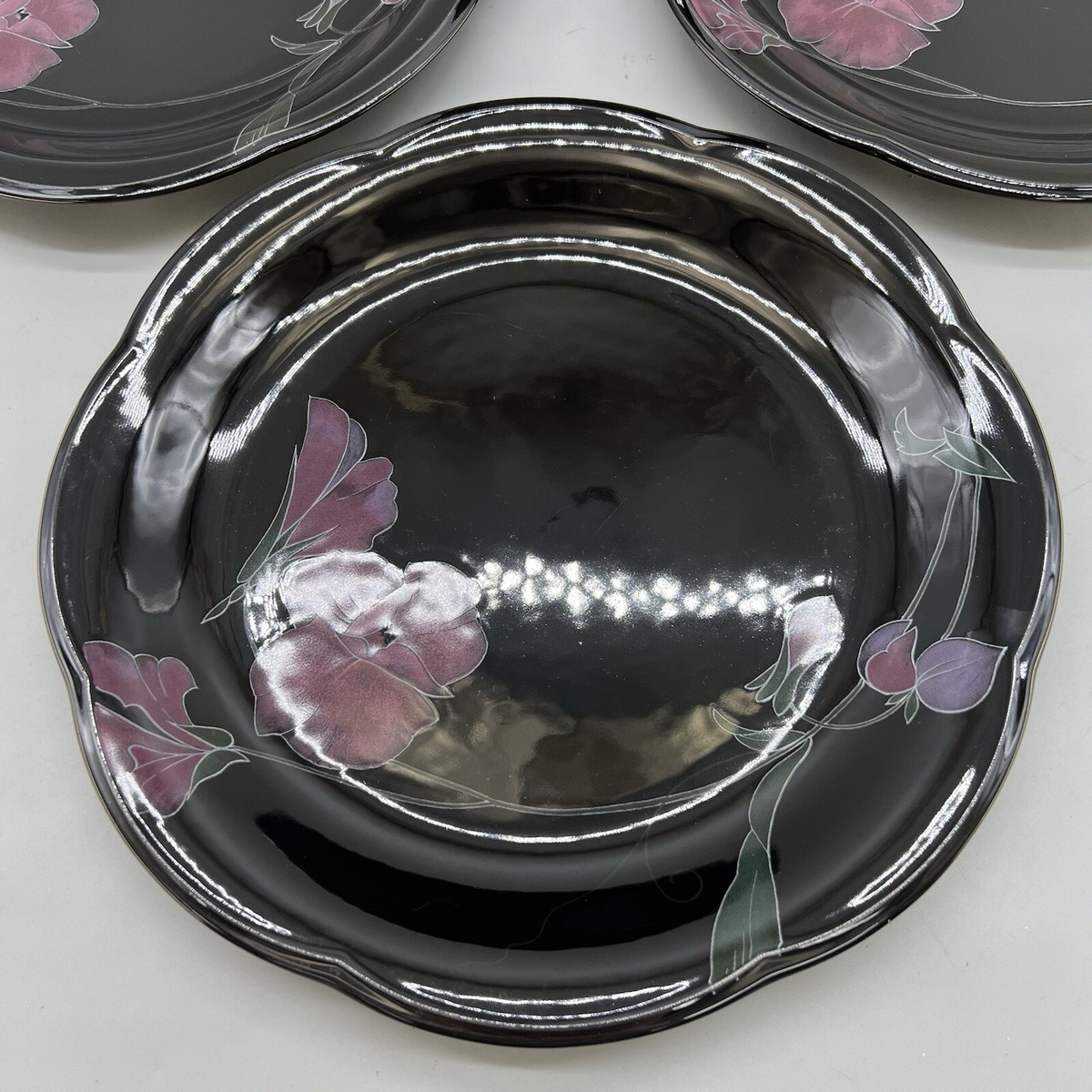 4 VTG Mikasa 1980's Floral RONDO TANGO Dinner Plates Black
