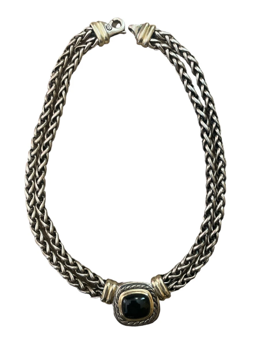 David Yurman 14K YG 925 SS Black Onyx Albion Double Wheat Chain Necklace