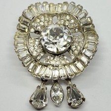Vtg 1950s Clear Rhinestone Dangle Brooch Pin Tiered Baguette Starburst Unsigned