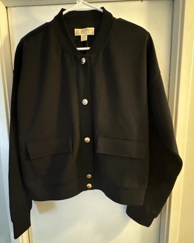 MICHAEL KORS Bomber Jacket Women's Size L Black Long Sleeve Lightweight NWT $135 - Picture 2 of 11
