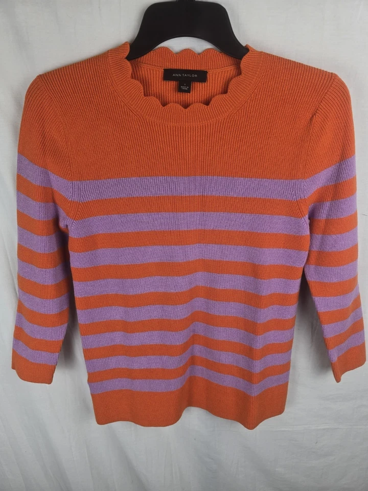 Suéter Ann Taylor Naranja y Púrpura Manga 3/4 Rayas Talla S Foto 2 de 4
