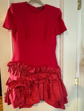 NEW Alexander Mcqueen Red Short Sleeves Mini Wool Dress With Silk Ruffles Sz 44