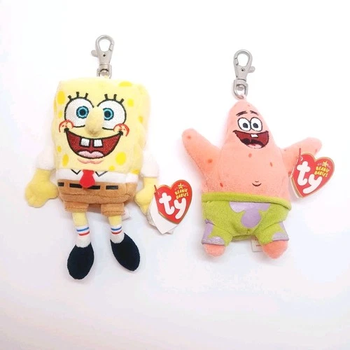 VTG TY SpongeBob & Patrick Keychain Plush Metal Key Clip Beanie Babies Lot Of 2
