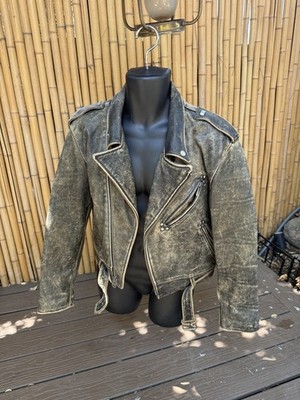 Vintage W.R.D. Chevignon Leather Motorcycle Jacket Distressed Black Biker Moto