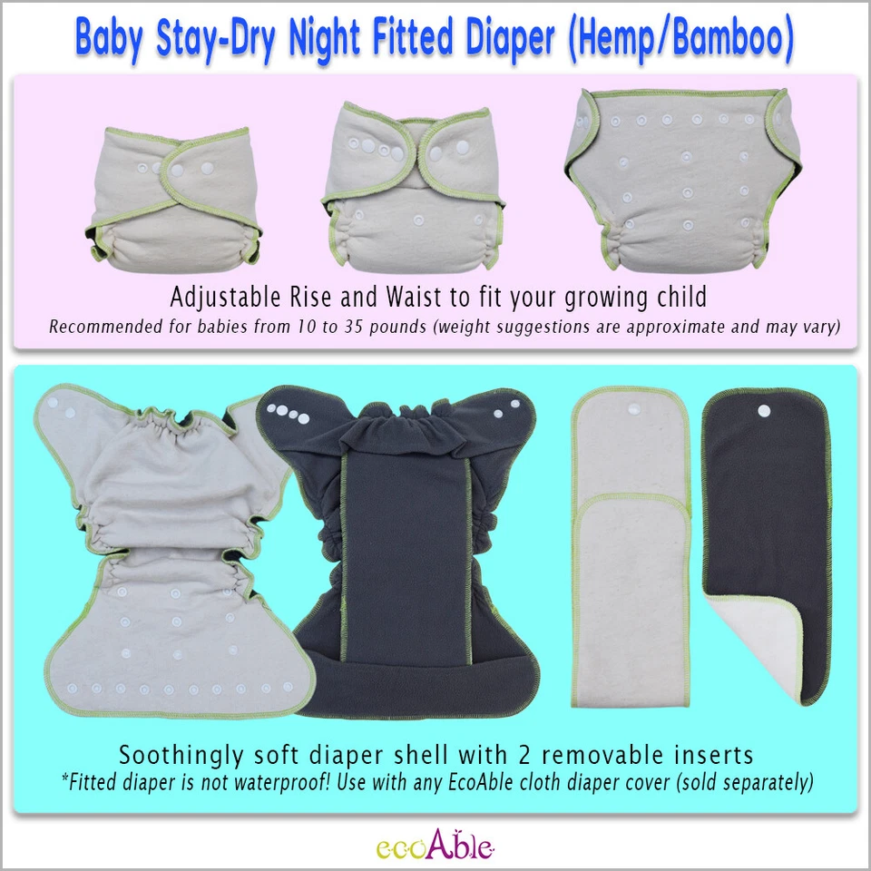 Pañal de tela ajustado nocturno de cáñamo seco para bebé ECOABLE, talla única Foto 2 de 4