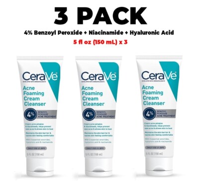 CeraVe Acne Foaming Cream Cleanser 4% Benzoyl Peroxide + Niacinamide, 5 oz (x3)