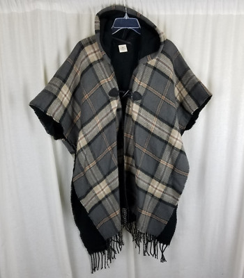 St John's Bay Hooded Frog Closure Plaid Stadium Shawl Poncho Cape Wrap Womens OS