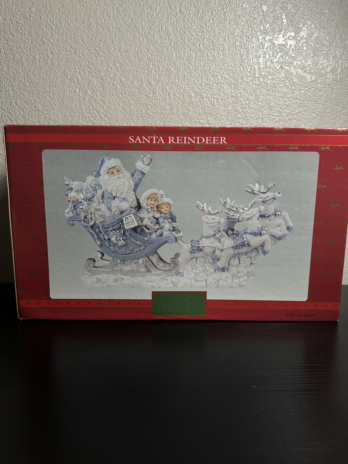 Vtg 1990s Santa Reindeer Sleigh Resin Shelf Mantle Tabletop Figurine Blue White