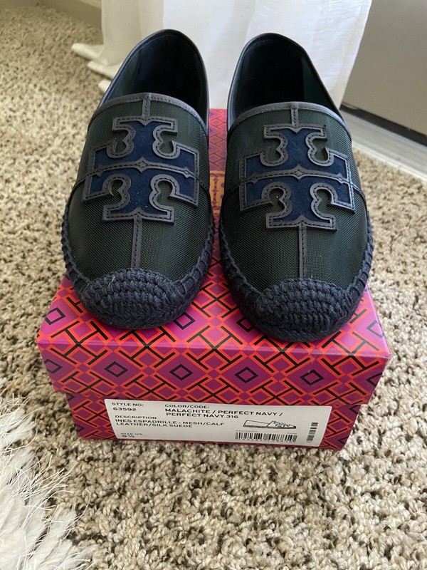 Tory Burch Ines Espadrille Mesh Calf Leather Silk Suede Malachite Navy Size 9.5