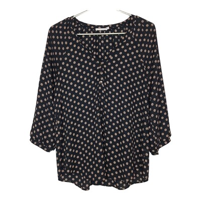 LUSH Size M Gold Black Print Top Blouse Long Roll Tab Sleeve Hi-Low Hem V-Neck