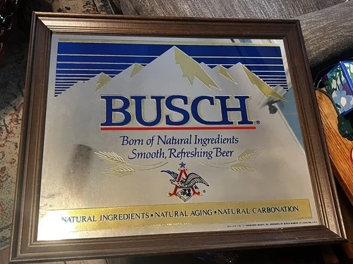 Vtg 1980s Busch Beer Mirror Wood Frame 24" x 20.5" Advertising Sign Man Cave  BW