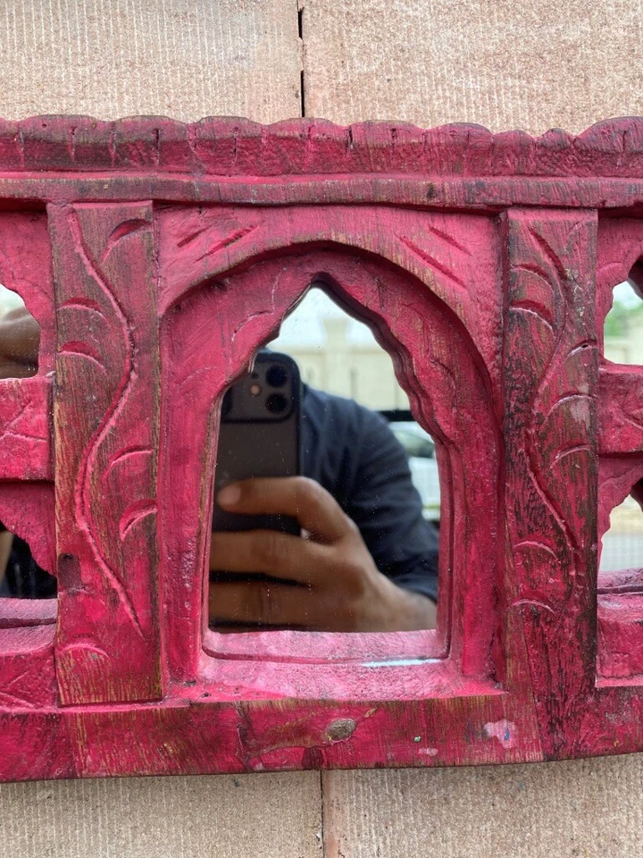 Antiguo marco de pared espejo diseño castillo arco pintado rosa tallado a mano tallado a mano  Foto 4 de 4