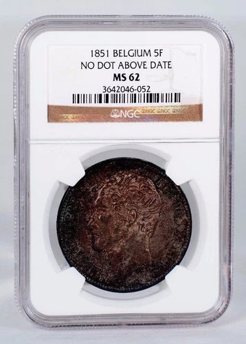 1851 Belgium 5 Francs "No Dot Above Date"  NGC MS-62