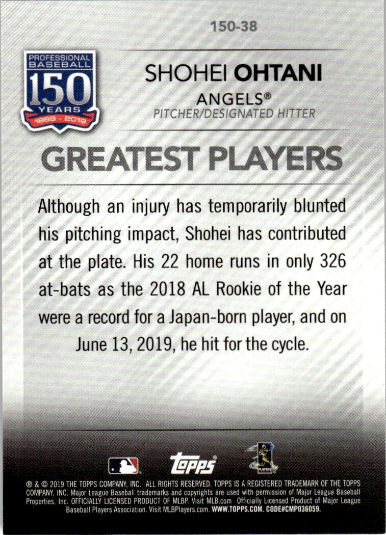 大谷翔平 Topps GREATEST PLAYERS #150-38　※わ 2019 Topps Update 150-38 Shohei Ohtani Greatest Players
