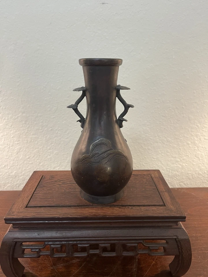 Impresionante jarrón antiguo chino/japonés de latón con orejas en forma de ganoderma Foto 4 de 4