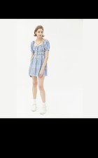 Urban Outfitters UO Pixie Milkmaid Gingham Smocked Mini Dress Blue White M NWT