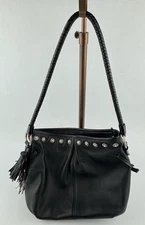 BRIGHTON Black Leather Tote Shoulder Bag Rhinestones Rope Strap Tassels Bow