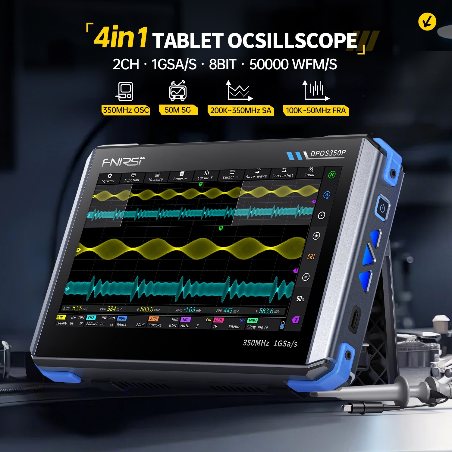 FNIRSI DPOS350P all-in-one 350M tablet oscilloscope, signal generator, spectrum