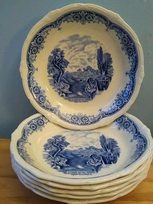 6 Vtg Blue Bowls, W H Grindley A Lock On The Stour, Scenes After Constable