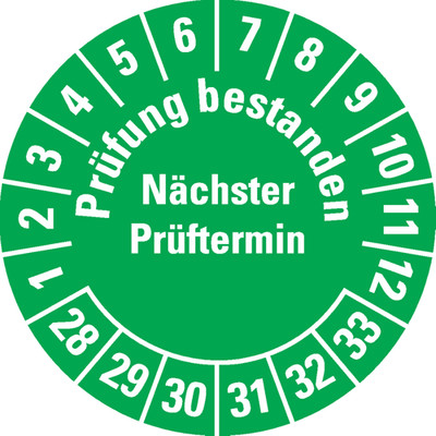 Prüfplakette Prüfung bestanden Nä.Prüft.28-33, grün, Dokufolie, Ø 30mm, 18 Stk.