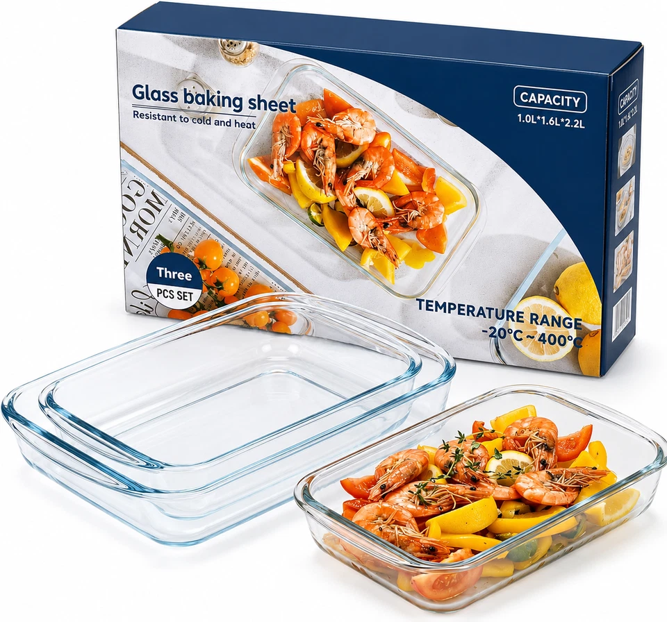 3PCS Glass Baking Tray Set Borosilicate Oven Dish Roasting Bakeware - Image 1 of 1