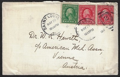 1914 Medical related cover, St. Louis to Vienna Austria w/ Scott 405, 406(10k220