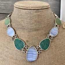 71g Whitney Kelly Sterling Silver 925 Blue Lace Agate Chrysoprase Link Necklace