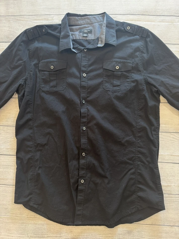Camisa Attention Para Hombres XL Negra Abotonada Elastizada Manga Larga Charretera Utilitaria Top Foto 3 de 4