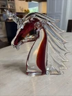 Vintage 9" Clear & Red Murano Clear Art Glass Unicorn Head Figurine Small Chip