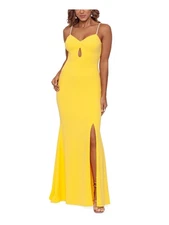XSCAPE Womens Yellow Teardrop Cutout High Slit Lined Sleeveless Gown Dress 2