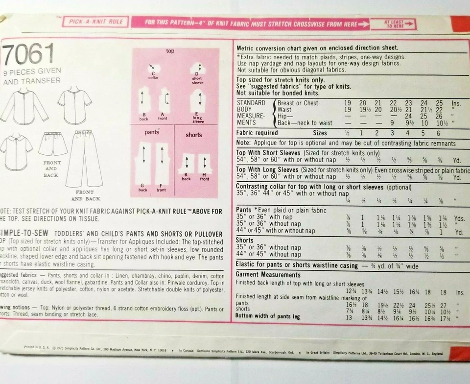 Simplicity 7061 Pants Shorts Pullover Top Sewing Pattern Boys Girls 5T 6 VTG UC - Image 2 of 4