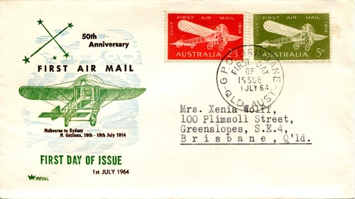 1964 50th Anniversary of the First Airmail in Australia - Royal FDC Green/Brown