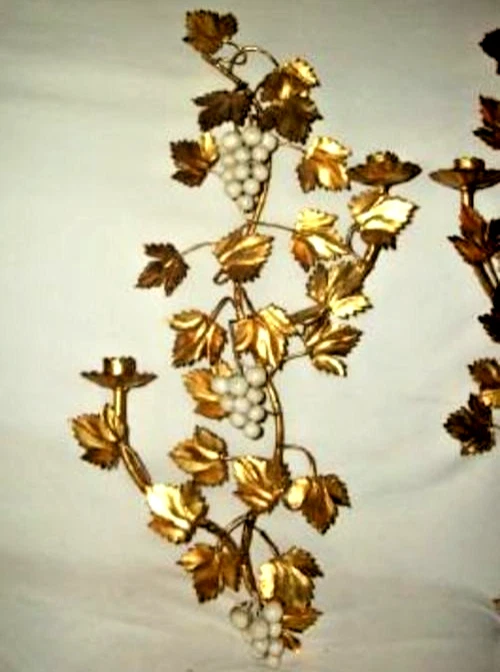 Italian Tole Gilt Sconces White Grapes Long Narrow Pair Stunning French Style - Image 2 of 4