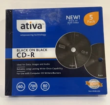 ATIVA BLACK ON BLACK CD-R DISCS 5 PACK RECORDABLE CD BRAND New Sealed 700 MB