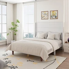 Queen/King Size Bed Frame Wood Platform Bed with Wood High Headboard White/Beige