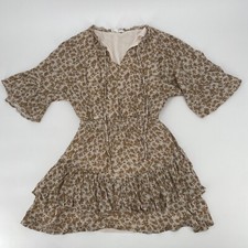Peach Love Dress Womens Medium California Tiered Mini Floral Ruffle Dress Beige 