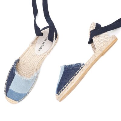 Top Denim T-strap Flat with Cotton Fabric Open Womens Espadrilles Flat Shoes