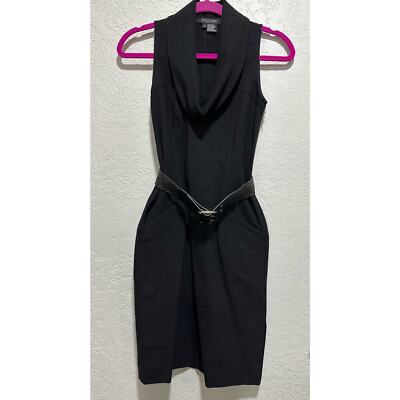 Etcetera Sz Black Ponte Knit Sheath Midi XS Belted Dress Pencil RARE 